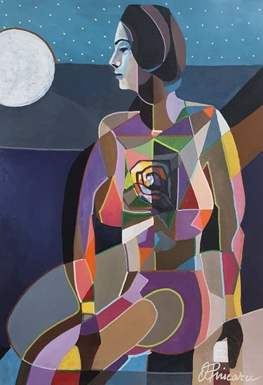 Kubistisch-figuratives Frauenprofil mit Halo vor Sternhimmel – Feminine Majestät I, 30×42 cm.