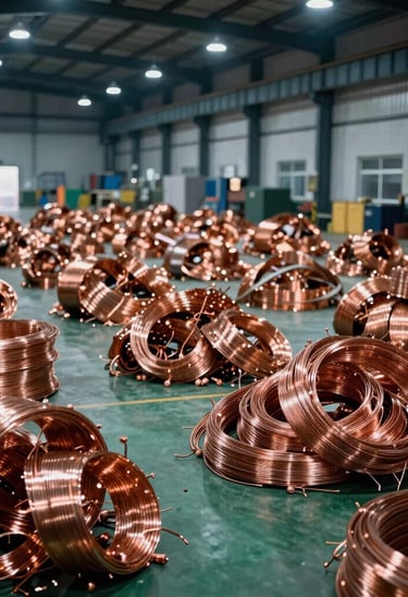 Neatly sorted piles of high-purity copper scrap and wire inside a clean industrial warehouse, cool overhead lighting, sharp focus