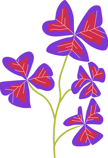 Stylized art of a purple oxalis plant with 4 leaves with red centers on a green stem