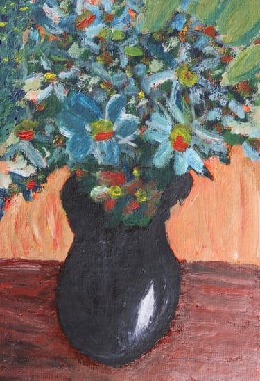 a still life painting of a vase with flowers
