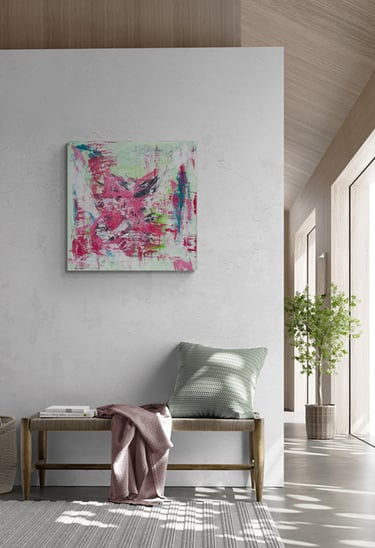 Abstract painting in red and green on wall above bench with cushion