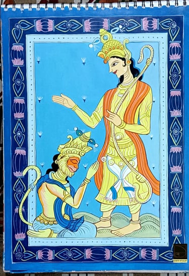 pattachitra art of ramayana - hindu scripture in which lord rama is blessing hanuman