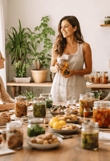 Una mujer compartiendo un curso de fermentos a un grupo de personas. 