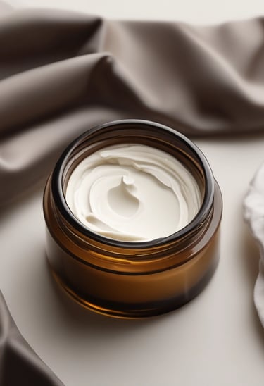 Close-up of creamy tallow-based skincare being gently scooped from an amber jar with black lid.