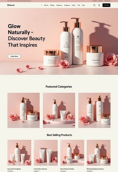 Natural skincare beauty products in white and gold packaging with pink roses on a minimalist website.