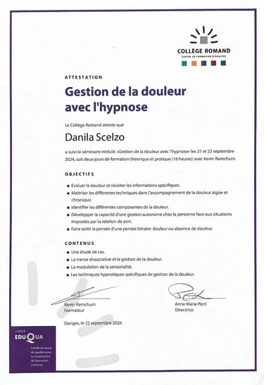 Spécialisation en gestion de la douleur par l'hypnose du Collège Romand – Danila Scelzo, Hypnonaute Genève, agréée ASCA