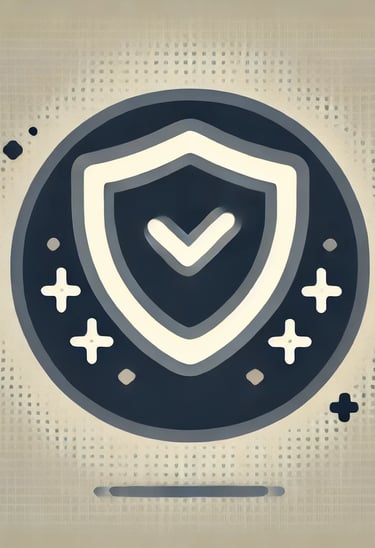 A shield icon on a beige and dark grey background
