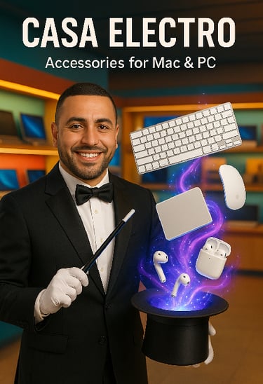 Homme élégant avec un chapeau magique d’où sortent des accessoires Mac et PC – promotion Casa Electr