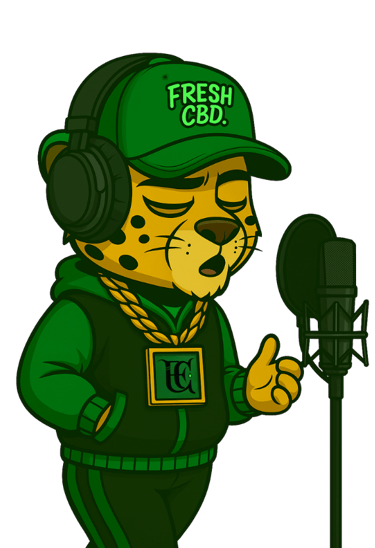  Leopardo Fresh CBD estilo rapero cantando al micrófono con gorra verde
