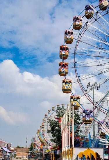 Morning view of giant wheels and amusement rides at Kota Dussehra Mela.