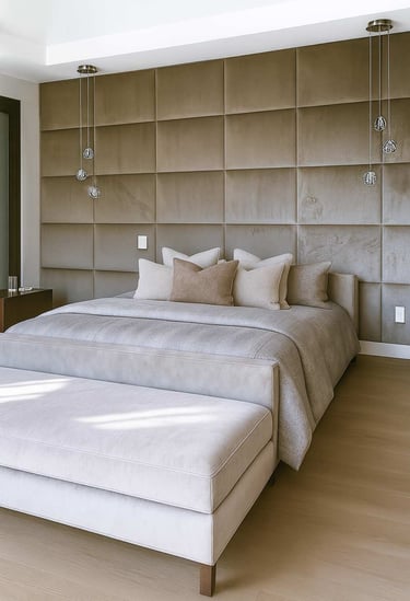 Modern bedroom with full-wall panels and a bench at the foot of a California king bed by Solo Home Decor