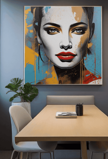 Quadro personalizado de rosto de mulher em estilo pop-art com fundo abstrato.
