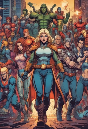 a group of superheros standing in front of a cityscapeople
