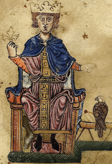 Iluminura medieval de Frederico II em trono segurando um falcão.