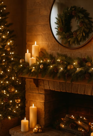 Rustic Christmas mantel with garland, candles, pinecones, and a wreath above a glowing fireplace.