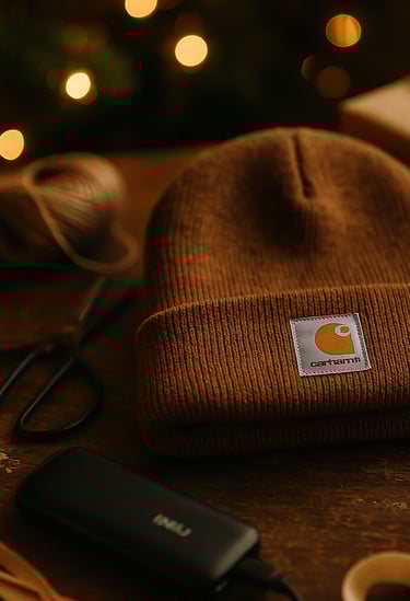 Carhartt beanie on rustic wooden table with gift wrap, scissors, ribbon, and warm holiday lighting.