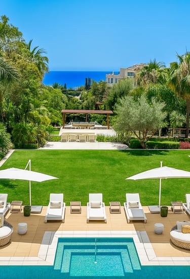 Panoramic view from Villa Serenity of gardens, infinity pool, and the shimmering Mediterranean Sea.