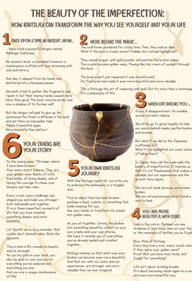 Infographic about Kintsugi and self-worth, featuring golden-repaired bowl and healing message.