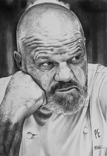 Portrait dessiné en noir et blanc de Philippe Etchebest