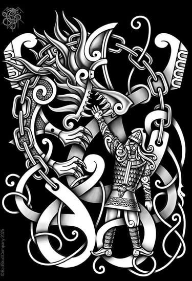 a black and white drawing of a dragon with a viking warrior on it