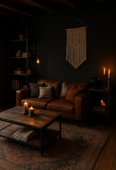 Dark Moto Boho living room with a brown leather sofa, patterned pillows, rustic wood coffee table