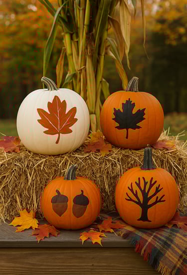 Vertical 2:3 image of pumpkins painted with autumn leaf silhouettes, acorn shapes, and a black tree 