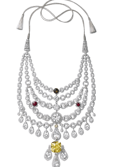 Cartier Patiala necklace with diamonds, rubies, and a yellow diamond pendant.
