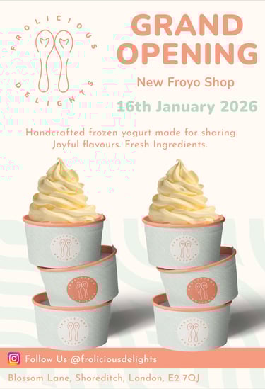 Frolicious Delights grand opening launch leaflet design — front