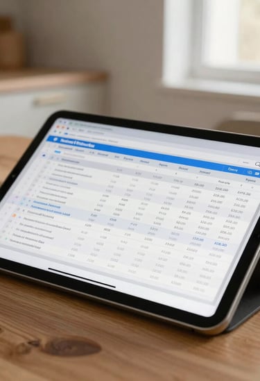 Warm, natural close-up of a modern tablet showing a clean financial spreadsheet on a wooden kitchen table, soft morning window light.