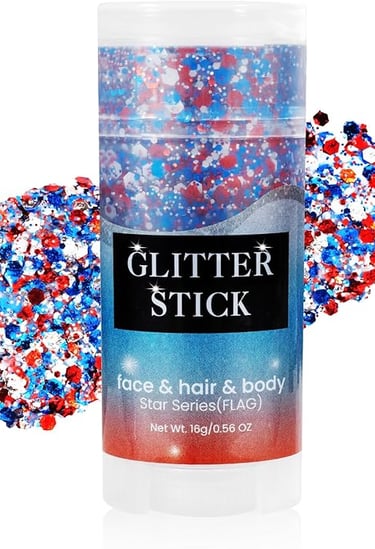 Red white and blue chunky glitter stick for face hair and body makeup for patriotic events.