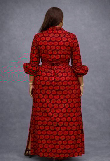 African print Ankara dress design with structured bodice, front tie detail, and statement sleeves.