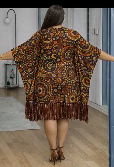 Rear view of Ankara Kaftan Gown with Fringe Hem