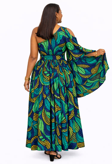 Rear view of Bold One-Shoulder Ankara Dress with Asymmetric Design