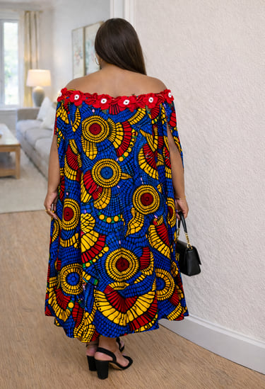 Rear view of Ankara Off-Shoulder Cape Dress