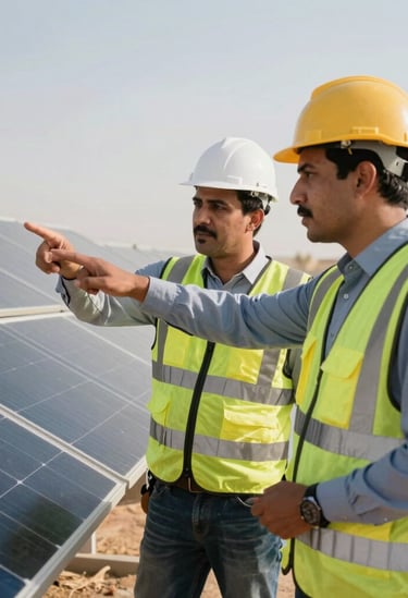 Team of two engineers in discussion outdoors at a solar project site. One is pointing towards an array of panels. Middle Eastern / Yemeni setting.