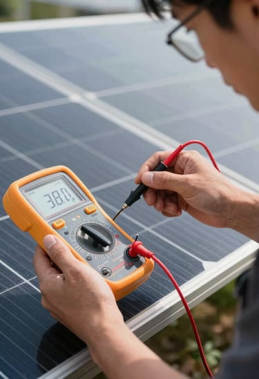 Action shot of a technician measuring current with a multimeter on an outdoor solar setup. Bright daylight, professional focus.