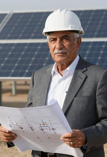 Portrait of a senior electrical engineer holding a set of blueprints, standing in front of a solar farm. Professional attire, Middle Eastern / Yemeni setting.