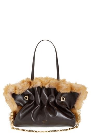 Medium Gancio Piercing Soft Leather & Genuine Shearling Shoulder Bag FERRAGAMO 