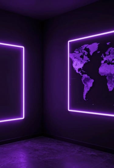 An artistic premium preview of an exclusive video scene. Seductive dark-mode lighting with bright violet neon highlights contrasting against a dark luxury backdrop. Sophisticated gallery feel, Latin American / Global.