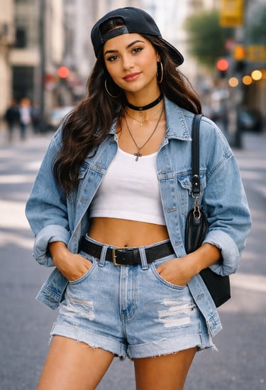 Woman wearing a 90s-inspired outfit with vintage denim and retro streetwear style.