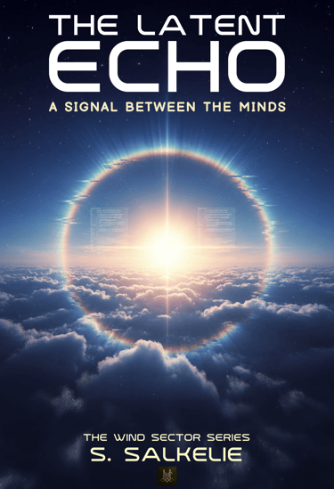 Sci-fi book cover for The Latent Echo by S. Salkelie featuring a glowing sundog over clouds.