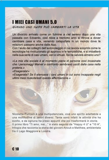 Un gatto fa da sfondo alla sinossi del libro e la biografia, gli occhi spiccano
