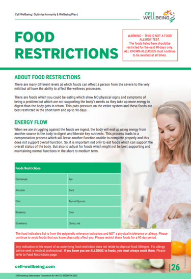 hair analysis sample page recommended food adjustments