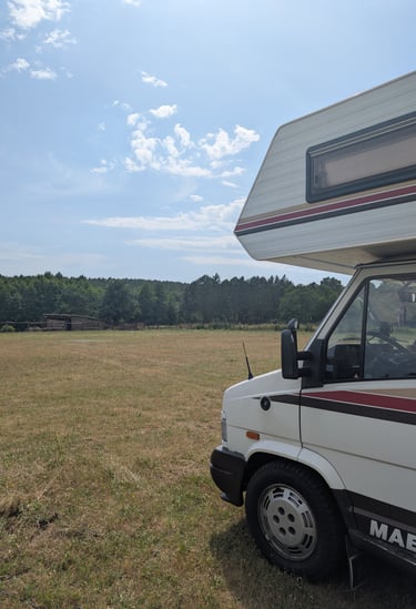 View of our clean camper setup at the new campsite