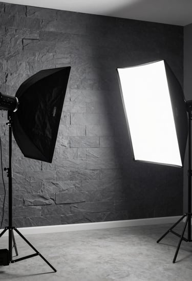A high-end professional studio setup in North America featuring softboxes and reflectors against a slate gray wall, highlighting a clean and modern cinematography workspace.