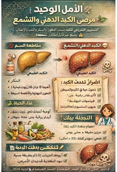 وحيد: مرضى الكبد الدهني والتشمع 🌿✨               الكبد الدهني 🍔➡️⚠️ قد يتطور إلى تشمع خطير، لكن ال
