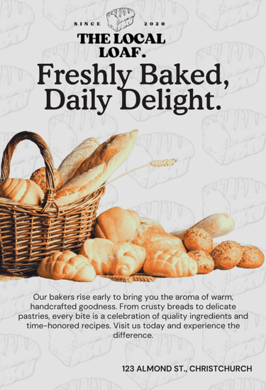 concept design; Bakery poster with bread basket, "Freshly Baked" text, loaf background, and address.