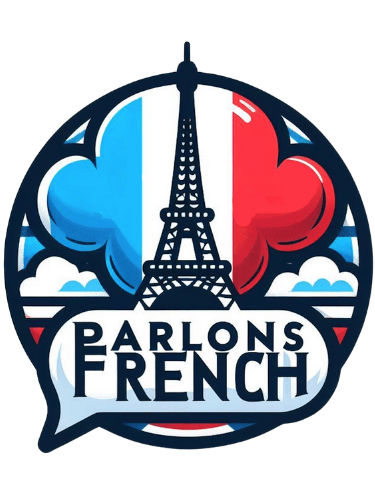 a business logo French classes the Eiffel Tower on a French flag background parlons French