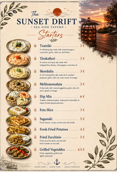 Starters menu for The Sunset Drift Tavern by John’s Guesthouse, showcasing traditional Greek appetiz
