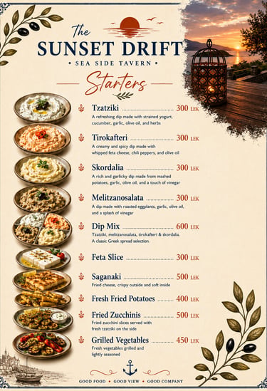 Starters menu for The Sunset Drift Tavern by John’s Guesthouse, showcasing traditional Greek appetiz